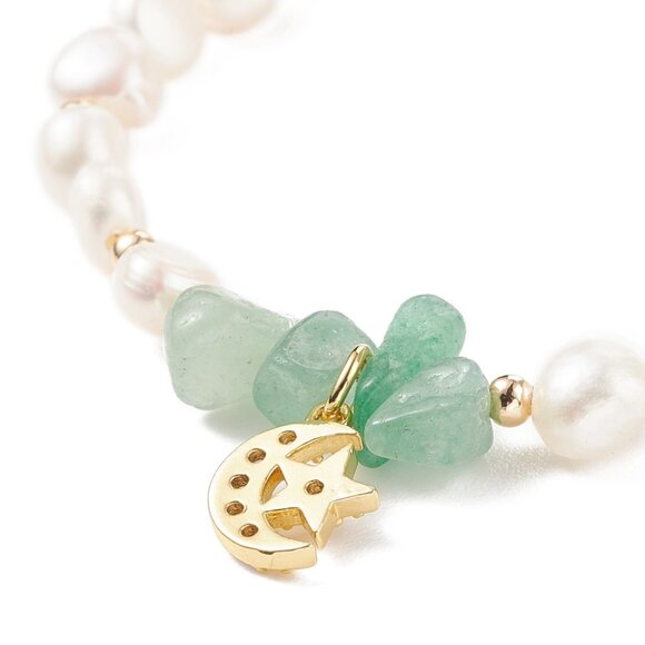 NWOT  Natural Green Aventurine Gem & Pearl Beaded Bracelet, CZ Moon star Charm - Picture 4 of 5